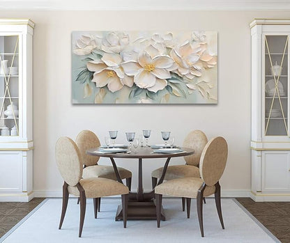 Anolyfi White Textured Flowers Canvas Wall Art for Living Room, Modern Aesthetic Picture Sage Florals Painting Wall Decor, Large Artwork for Hallway Bedroom Office Home Decor 48"x24"