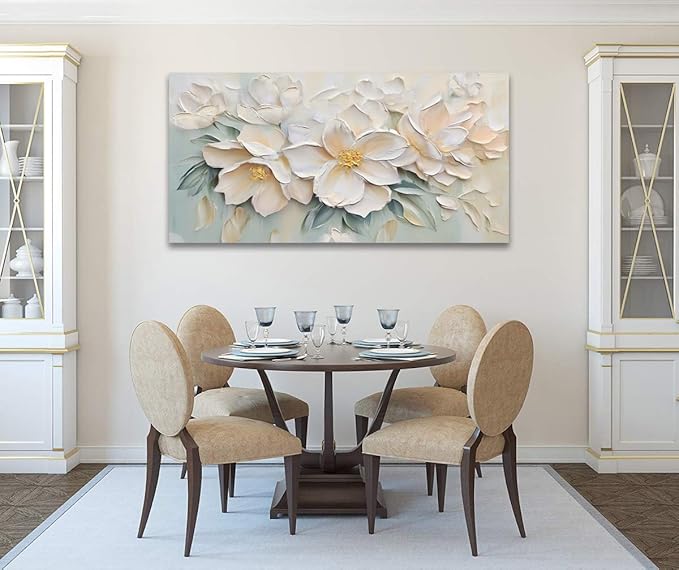 Anolyfi White Textured Flowers Canvas Wall Art for Living Room, Modern Aesthetic Sage Florals Painting Wall Decor for Christmas Gift Hallway Bedroom Dining Room Office Home Decor 40"x20"