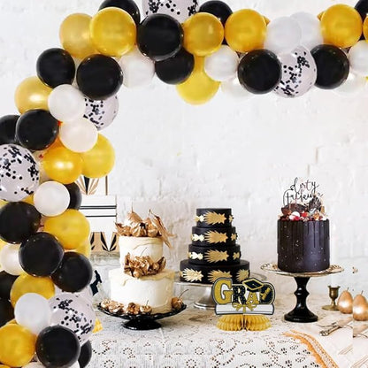 100pcs Black Gold White Balloons and Black Confetti Balloons 12 Inch with Ribbon for Graduation Birthday Baby Shower Wedding Anniversary Decorations