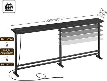 78.7" Console Table with Adjustable Height (27.6"-35.4") and Power Outlet, Skinny Behind Couch Table, Narrow Long Sofa Table for Living Room, Hallway, Entryway, Black CT09UBB