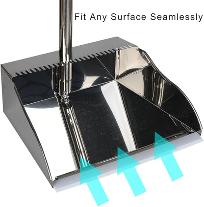 Metal Dustpan Long Handle Stainless Steel Dustpan,Heavy Duty Standing Dust Pan with Teeth, Indoor Outdoor Up for Home Kitchen Lobby Room Office