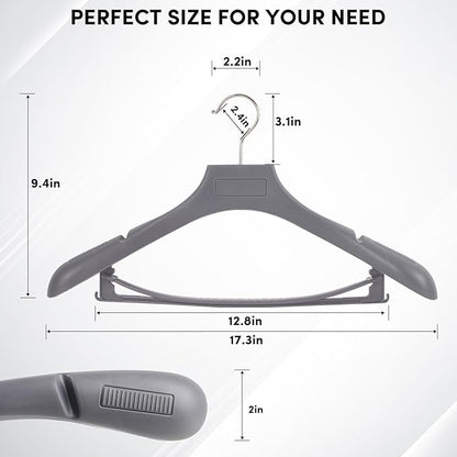 DEDU Suit Hangers for Men 20 Pack, Grey Coat Hangers Extra Wide Non Slip Width 17.7", Thick Plastic with Pants Bar & Metal Hook