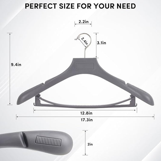 DEDU Suit Hangers for Men 20 Pack, Grey Coat Hangers Extra Wide Non Slip Width 17.7", Thick Plastic with Pants Bar & Metal Hook
