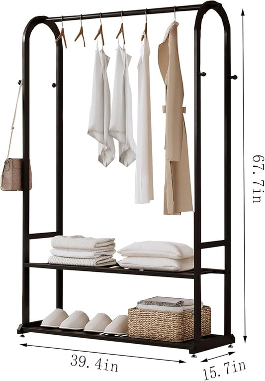 Heavy Duty Clothes Rack with Bottom Shelves & 6 side Hooks - Sturdy Metal Clothing Rack,Garment Racks for Hanging Clothes,can keep and organize your shoes and boxes in order