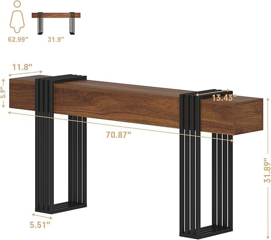 71 Inch Long Console Table, Extra Thick Industrial Sofa Table Behind The Couch Rectangular Entryway Table for Entrance Hallway Living Room, Entire top Board & 4-Pipe Legs, Rustic Brown