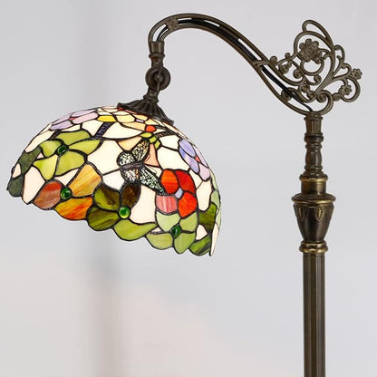 Tiffany Floor Lamp Stained Glass Lamp 18.88X12X67 Inch Angle Adjustable Arched Gooseneck Antique Reading Light (Butterfly Flowers)