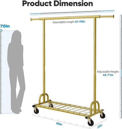 HOKEEPER Clothing Rack Gold Clothes Rack Heavy Duty Garment Rack for Hanging Clothes 525LBS Commercial Clothing Racks with Wheels for Bedroom, Laundry, Balcony, Living Room 22" D x 75" W x 71" H