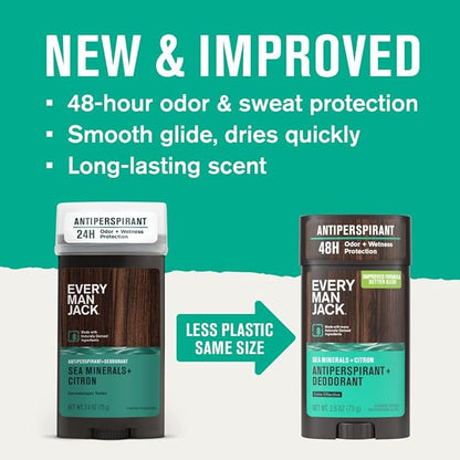 Every Man Jack Men’s Sea Minerals + Citron Antiperspirant Deodorant – New & Improved Formula – Smooth Glide, 48-Hour Odor & Sweat Defense– 2.6 oz (2 Pack)