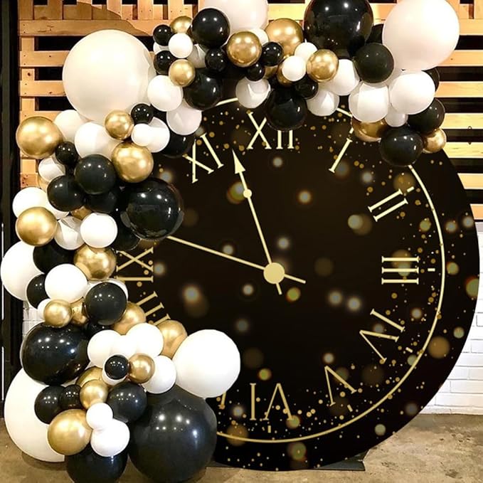 7.2x7.2ft Vintage Black Gold Clock Round Backdrop Cover Happy New Year Photography Background for New Year Eve Party New Year's Countdown Family Party Congrats Grad Celebration Portrait Supply