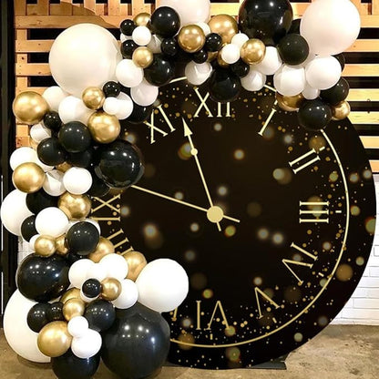 6.5x6.5ft Vintage Black Gold Clock Round Backdrop Cover Happy New Year Photography Background for New Year Eve Party New Year's Countdown Family Party Congrats Grad Celebration Portrait Supply