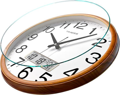 Wall Clock, Classic Wood Style Finish, 11 Inch Non-Ticking Silent Battery Operated Quartz Analog with Perpetual Calendar and F° Temperature Display, Home, Office Décor (Wood Yellow)