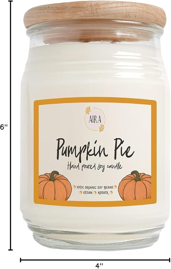 Aira Soy Candles - Organic, Kosher, Vegan, in Farmhouse Jar w/Essential Oil Blends - Hand-Poured 100% Soy Candle - Paraffin Free, Burns 150+ Hours - Fall Candle - Pumpkin Pie - 20 Ounces