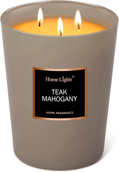 HomeLights Premium Scented Candles - 33.3 oz Natural Soy Wax, Aromatherapy for Home, Long Lasting Smokeless, 130 hrs Burn Time, 3 Cotton Wicks, Gifts for Women & Men - Teak Mahogany
