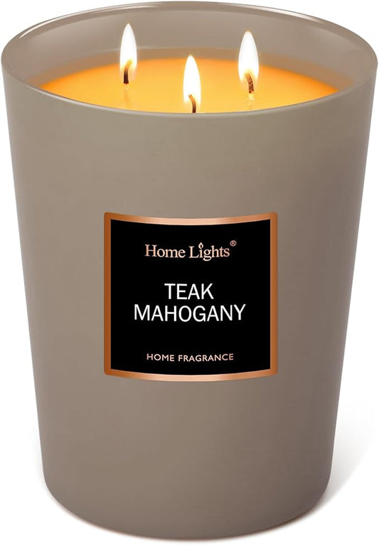 HomeLights Premium Scented Candles - 33.3 oz Natural Soy Wax, Aromatherapy for Home, Long Lasting Smokeless, 130 hrs Burn Time, 3 Cotton Wicks, Gifts for Women & Men - Teak Mahogany