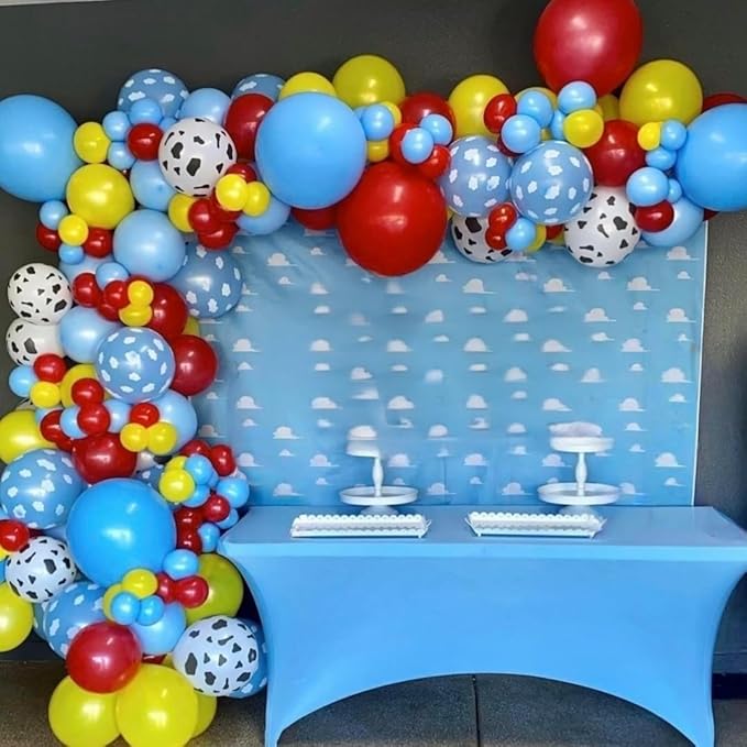 Toy Inspired Story Balloons, 12 Inch Cow Print Sky Blue Cloud Balloons Red Blue Yellow Green Balloons for Kids Boys Birthday Party Farm Themed Party Decorations