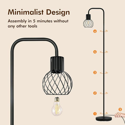 Industrial Floor Lamp, LED Standing Lamp Modern with 6W LED Bulb, Foot Switch, Metal Tall Lamps for Living Room, Bedroom, Office, Vintage Stand Up Light, Minimalist Farmhouse Floor Lamp in Black