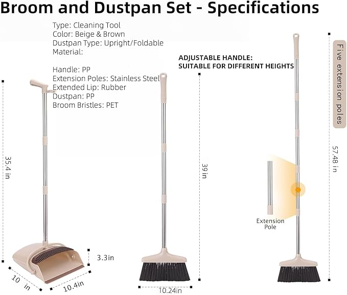 Broom and Dustpan Set with 57.4 Inch Adjustable Stainless Steel Handle, Upright Foldable Design, Beige and Brown, Heavy Duty with Built-in Teeth