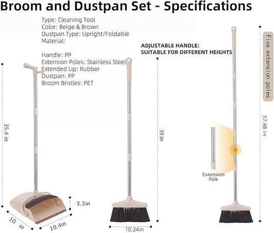 Broom and Dustpan Set with 57.4 Inch Adjustable Stainless Steel Handle, Upright Foldable Design, Beige and Brown, Heavy Duty with Built-in Teeth