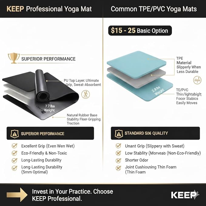 KEEP Professional Yoga Mat for Women and Men, 5mm Non-Slip Natural Rubber for Superior Grip, Eco-Friendly, Premium 74"x26" Exercise Mat for Pilates, and Fitness Workouts