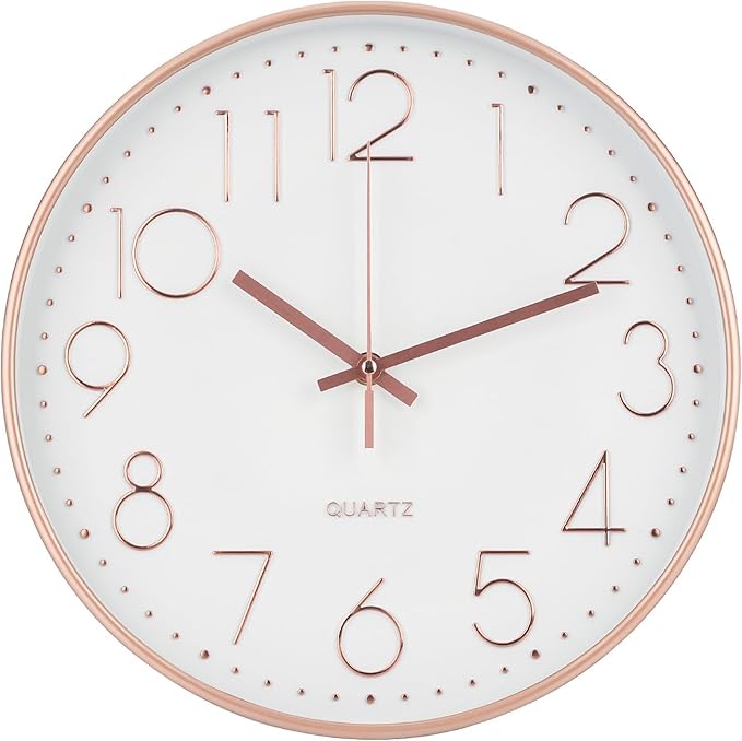 Wall Clock Non-Ticking Silent Modern Simple Style Round Decor Clock Stereoscopic Dial Quartz Wall Clocks for Home/Office/School/Living Room/Bedroom/Kitchen (Rose Gold, 8inch)