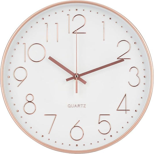 Wall Clock Non-Ticking Silent Modern Simple Style Round Decor Clock Stereoscopic Dial Quartz Wall Clocks for Home/Office/School/Living Room/Bedroom/Kitchen (Rose Gold, 8inch)
