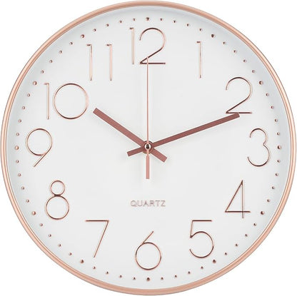 Wall Clock 12 Inch Non-Ticking Silent Modern Simple Style Round Decor Clock Rose Gold Stereoscopic Dial Quartz Wall Clocks for Home/Office/School/Living Room/Bedroom/Kitchen