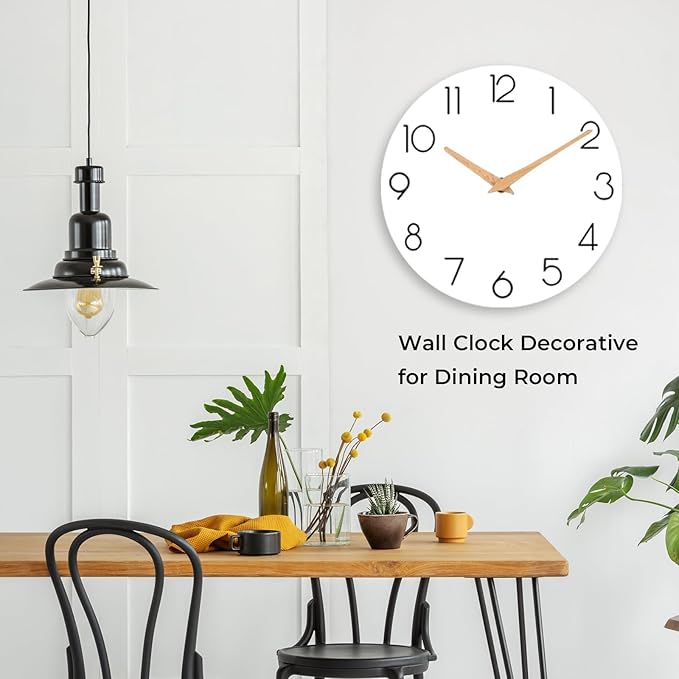 Wall Clock, 10 Inch Wooden Silent Non-Ticking, Decorative Battery Operated Wall Clocks for Bedroom, Kitchen, Home, Living Room, Office, School, Hotel (White)
