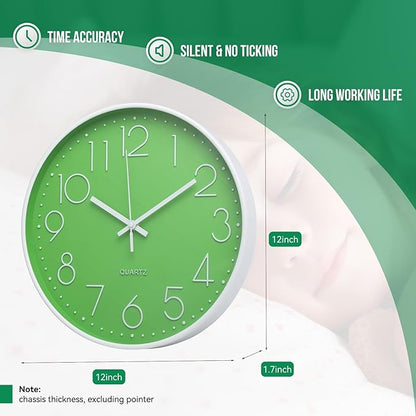 Wall Clock 12 Inch Non-Ticking Silent Modern Simple Style Round Decor Clock Green Stereoscopic Dial Quartz Wall Clocks for Home/Office/School/Living Room/Bedroom/Kitchen