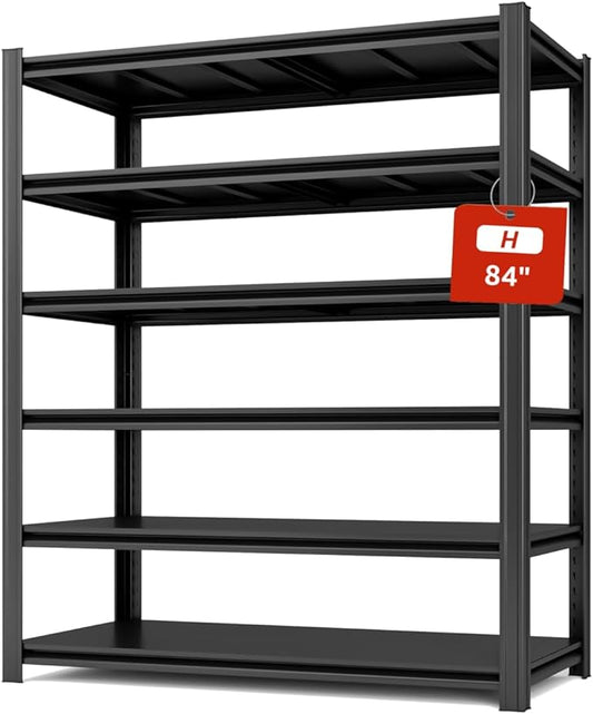 Extra Big/Large 55.12"Wide Father&I Industrial 6-Shelf-Rack Tall Heavy-Dudy Metal/Steel Adjustable Garage Bin Storage Shelving Stand Shelves Units/System for Shed, 84" H*55.12W * 24" D, Black