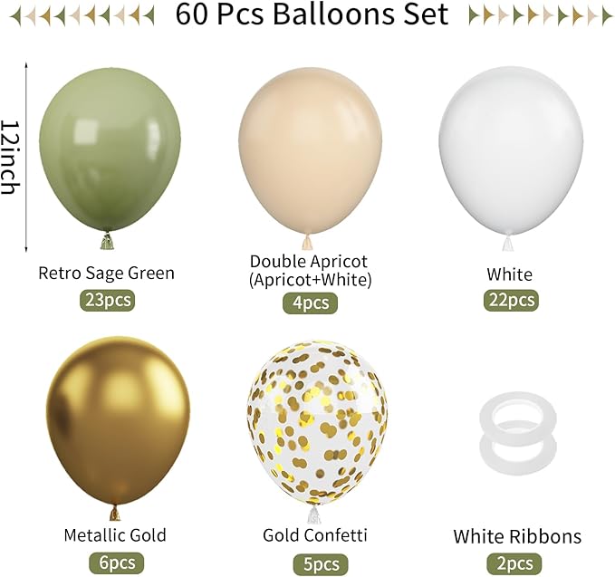 Green & Gold Balloons - 60 Pcs Sage Green & Apricot, 12 Inch Metallic Gold Confetti, Retro Green Latex for Baby Shower, Wedding, Birthday, Jungle Animal Theme Party Decorations