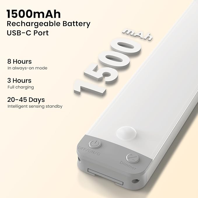 3-Pack Under Cabinet Lights, 8.3" 150LM Motion Sensor LED, USB-C 1500mAh Rechargeable, 3000K Warm White Dimmable for Kitchen Closet