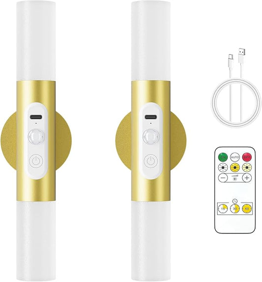 Motion Sensor Wall Sconces with Remote Control, LED Rechargeable Battery Operated Wall Lights Set of Two for Living Room, Indoor Wireless Wall Lamps for Bedroom, Hallway, Stair, Gold 2 Pack