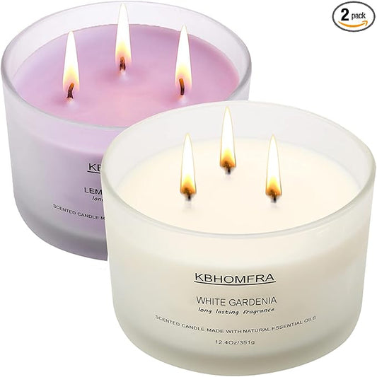 Scented Soy Wax Candle, 12.4 Oz Glass Jar, 70+ Hours Burn Time, Natural Essential Oils, Cotton Wick, Long Lasting Fragrance, Modern Contemporary Style (Gardenia+Lemon Lavender 2Pack)