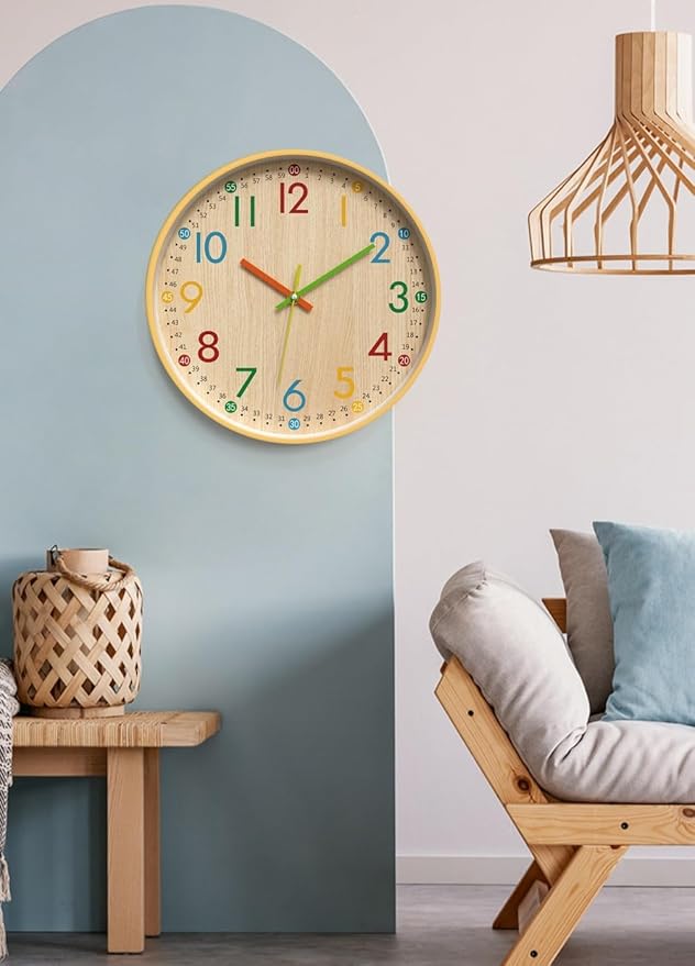MO-N Silent 12-Inch Wall Clock, Non-Ticking Battery Operated Colorful Clock for Classroom, Bedroom, School, Analog Wall Clock for Time Teaching. (A Type)