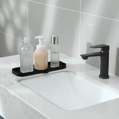 Silicone Bathroom Soap Dishes with Drain Spout-Bathroom and Kitchen Sink Organizer,Sponge Holder,Dish Soap Tray,Perfect for Dispenser,Scrubber,Bottle,Cup on Sink or Counter-Black 12"×4"