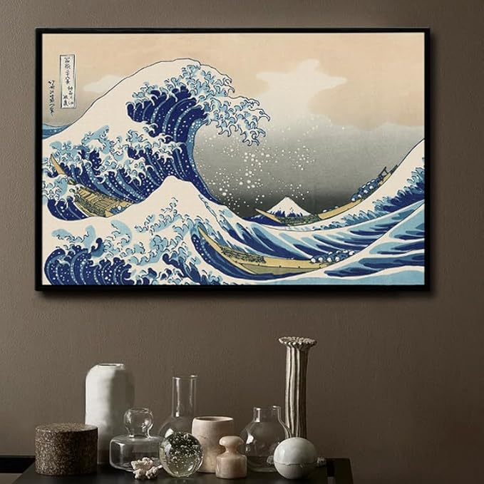 The Great Wave off Kanagawa by Katsushika Hoki Wall Art Decor, Classic Painting Black Framed Seascape Canvas Print Pictures, Modern Japanese Artwork for Bedroom Living Room Decoration - 24"x36"