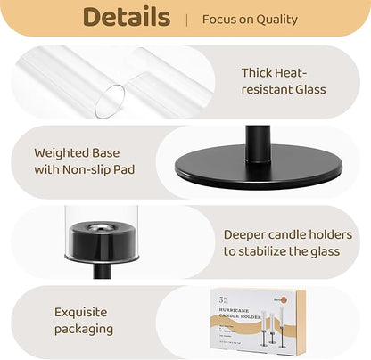 Black Hurricane Candle Holders Set of 6, Tall Metal & Windproof Glass Taper Candle Holders, Outdoor/Indoor Table Centerpieces for Weddings, Christmas, Parties, Fireplace Decor