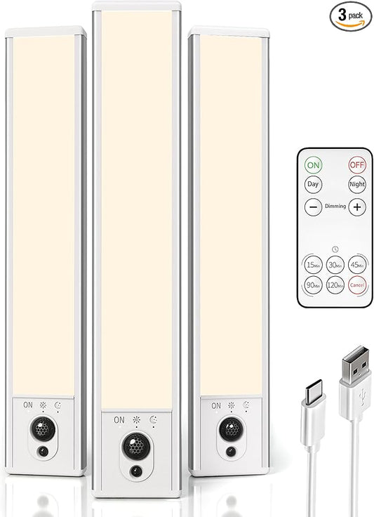 EZVALO 3 Pack Under Cabinet Lighting, Rechargeable Motion Sensor Light, LED Closet Lights Wireless, 3500K Dimmable, Timer, Magnetic, with Remote Control for Kitchen, Closet, Stair