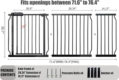 Extra Wide Baby Gates - 71.6-76.4 Inch, Black Metal Pressure Mounted Child & Pet Gates for Stairs & Doorways