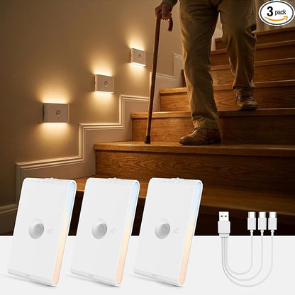 wowatt Rechargeable Motion Sensor Night Light, White Automatic Lights with Magnetic Mount, Dimmable Stair Lights Indoor for Stairway, Hallway, Kitchen, Bathroom(3 Packs)