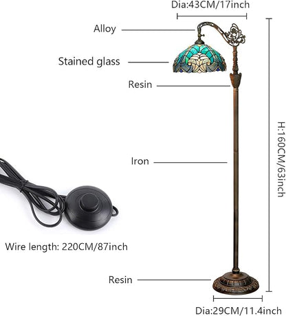 Tiffany Floor Lamp Vintage Standing Lamp Green Stained Glass Floor Light Rustic Corner Gooseneck Floor Lamp with Adjustable Angle for Home Decor Living Room Bedroom 12X12X63 Inches