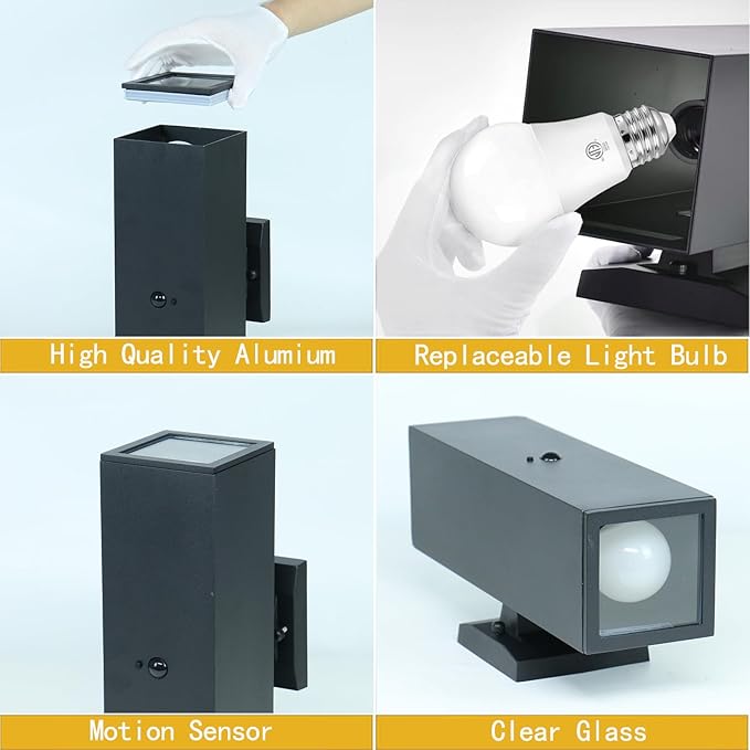 Motion Sensor Outdoor Wall Lights, Dusk to Dawn Porch & Patio Sconce with E26 Dimmable LED Bulbs, Black Aluminum Up & Down Exterior Light Fixtures for Garage, Front Door, ETL Listed