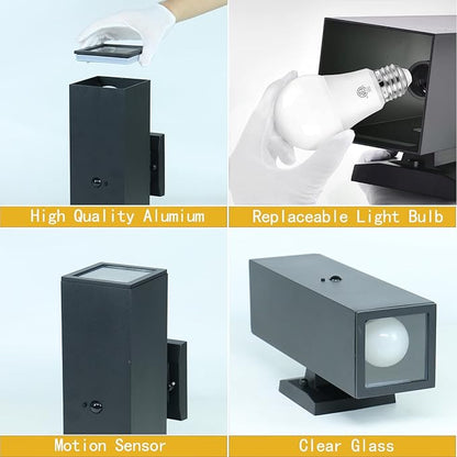 Motion Sensor Outdoor Wall Lights, Dusk to Dawn Porch & Patio Sconce with E26 Dimmable LED Bulbs, Black Aluminum Up & Down Exterior Light Fixtures for Garage, Front Door, ETL Listed