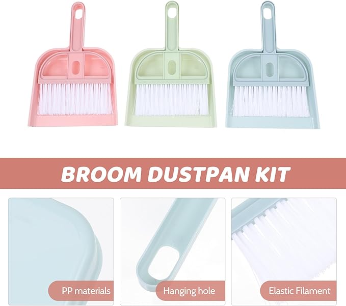 Handheld Mini Broom and Dustpan Set, 6pcs Desktop Cleaning Brush Kit for Pet Hair and Household Debris, Small Brooms with Dust Pans in Pink, Green, and Blue for Home and Office Use