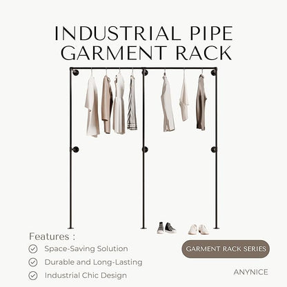 Industrial Pipe Clothing Rack, Heavy Duty Wall Mounted Clothes Rack, Retail Display Hanging Garment Rod for Laundry Rooms, Closet Storage, 14.6x75x82.7 Inches, Model K06