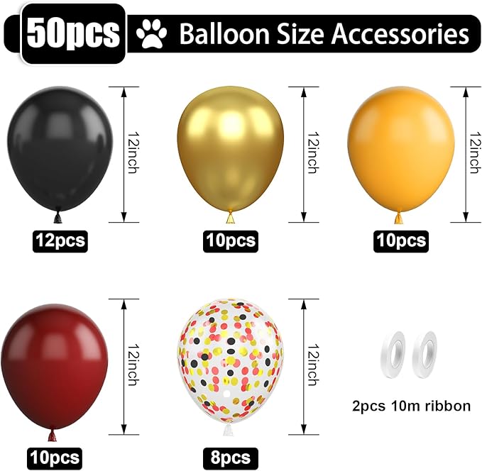 Black Burgundy Gold Balloon, 12 Inches 50 Pcs Burgundy and Gold Balloons Set with Metallic Gold Black Lemon Yellow Balloons for Kids Party Birthday Baby Shower Party Decorations