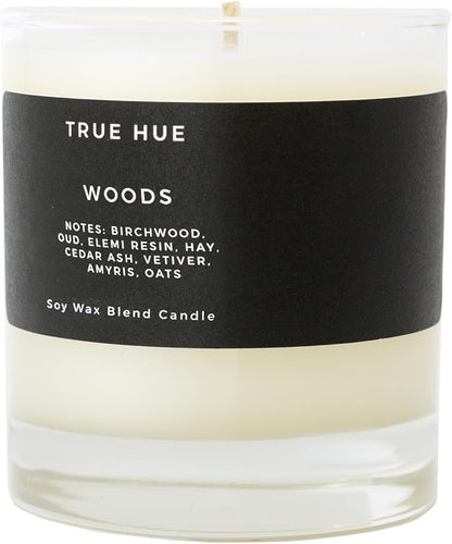 True Hue | Luxury Highly Scented Candle | Premium Soy Wax Blend | 7.75 oz | 40-50 Hour Burn Time | Cotton Wick | Natural Candles | Glass (Woods)
