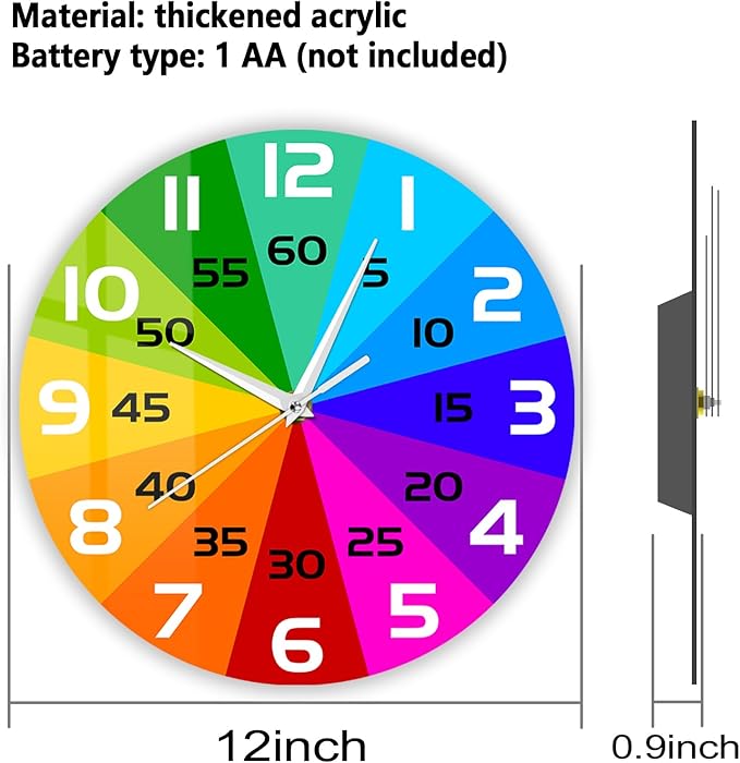 Rainbow Color Wheel Learning Clock, 12'' Telling Time Teaching Clock for Kids Analog Classroom Wall Clock Silent Movement Battery Operated for School Classroom Students Back to School Gifts