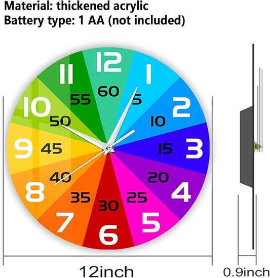 Rainbow Color Wheel Learning Clock, 12'' Telling Time Teaching Clock for Kids Analog Classroom Wall Clock Silent Movement Battery Operated for School Classroom Students Back to School Gifts