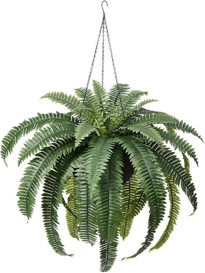 48" Artificial Boston Fern Hanging Plants with Basket - UV Resistant Fake Plant for Outdoor Indoor - Large Realistic Faux Greenery for Front Porch, Front Door, Patio Decor, Set of 1, VN142